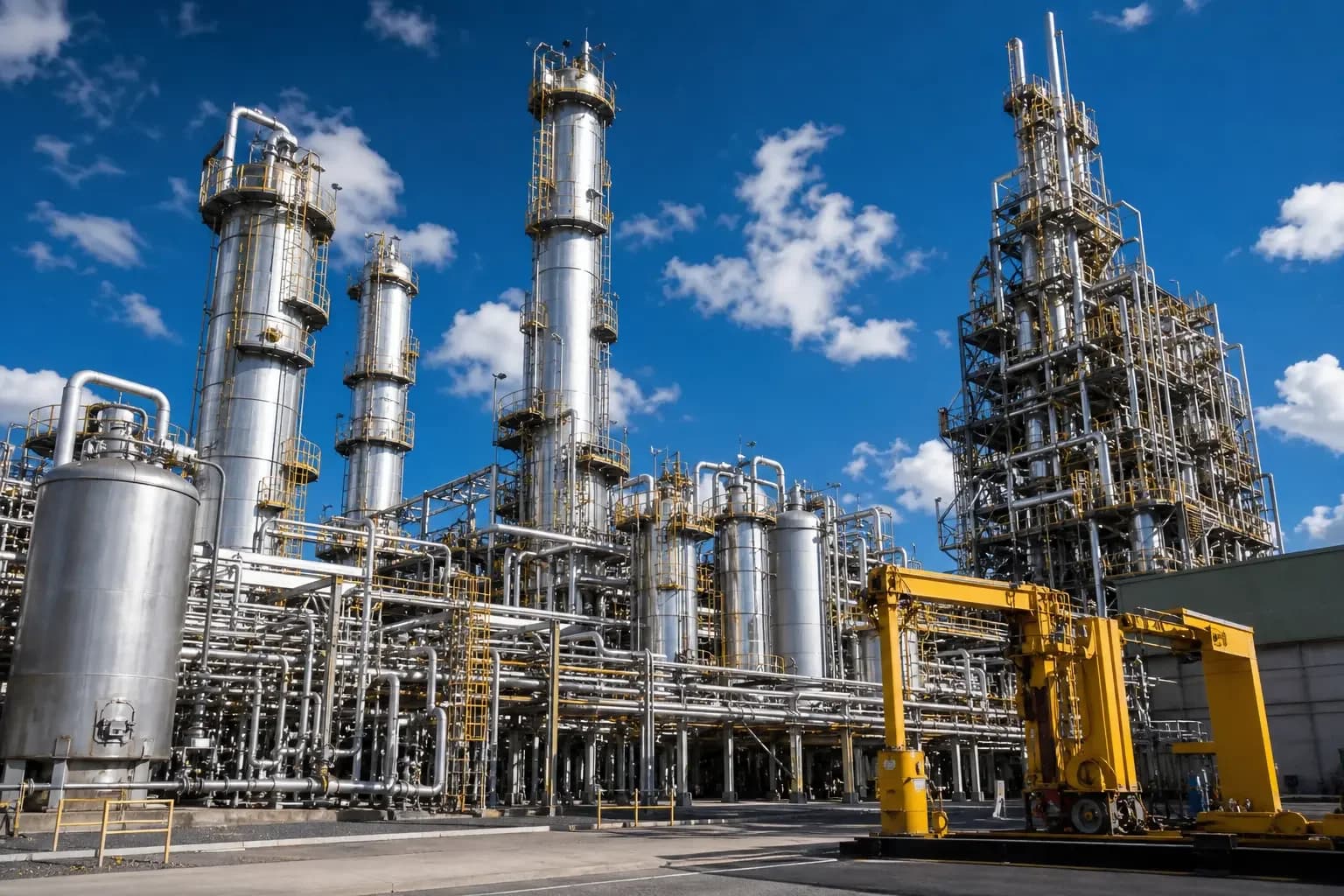 Planta química com colunas e tubulações