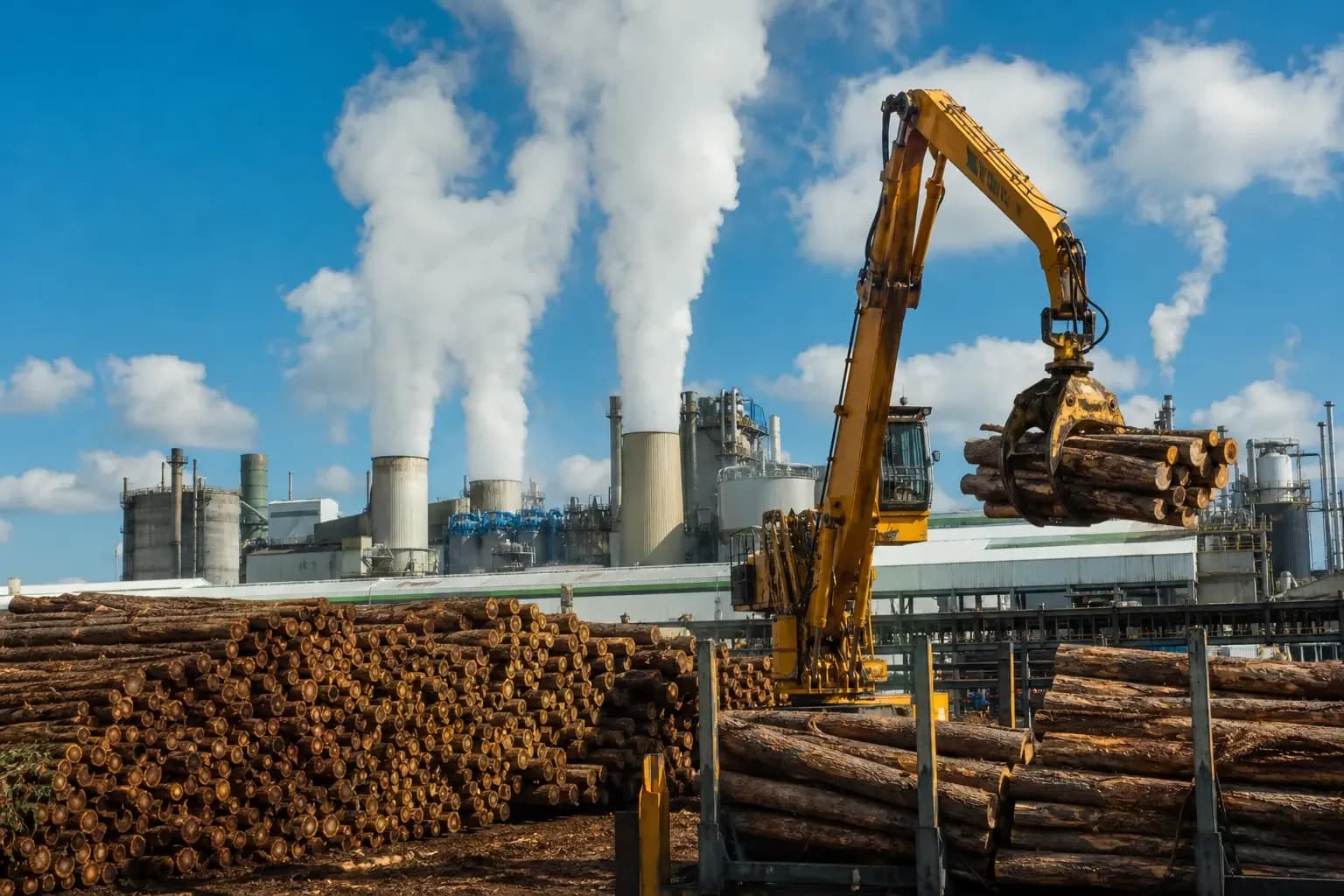 Planta de celulose com pátio de toras