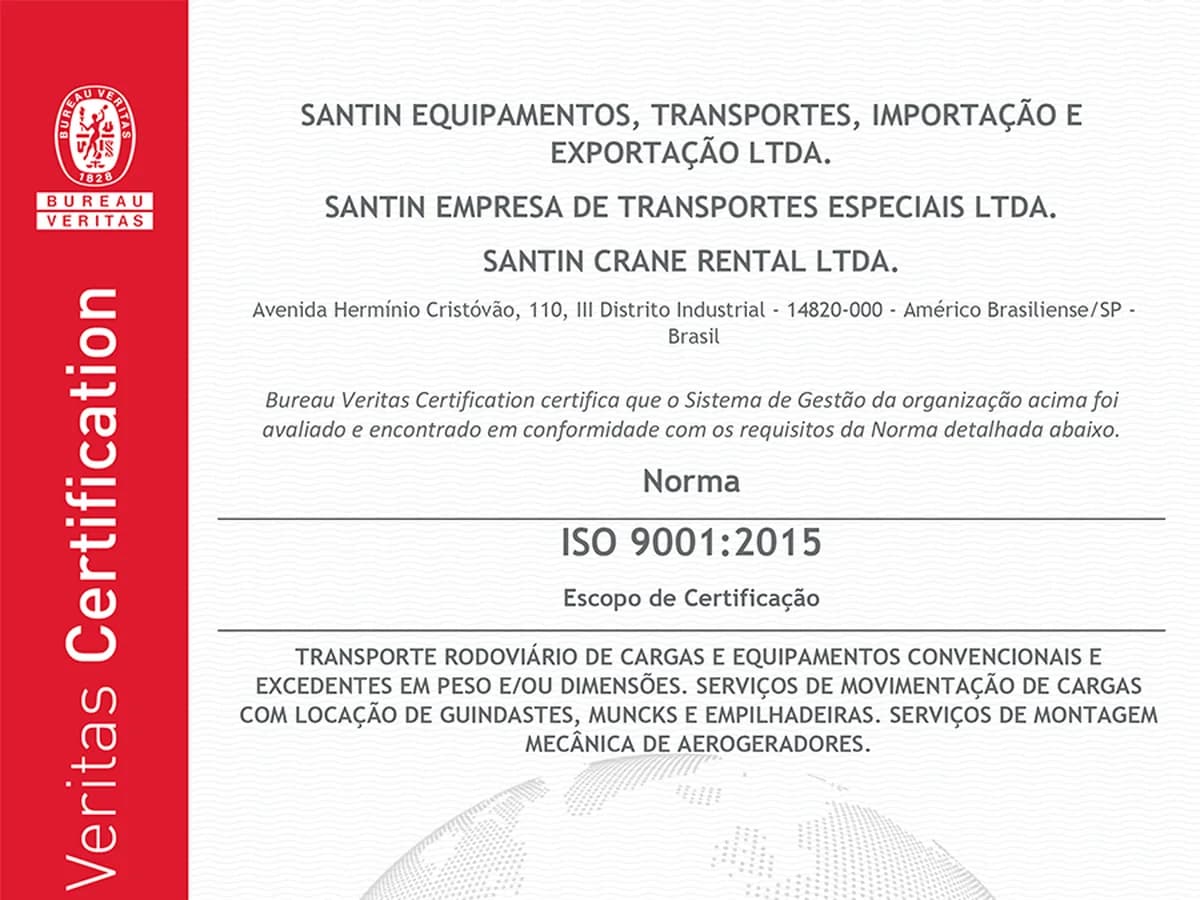 Certificado ISO 9001:2015 da Santin Transportes emitido pela Bureau Veritas