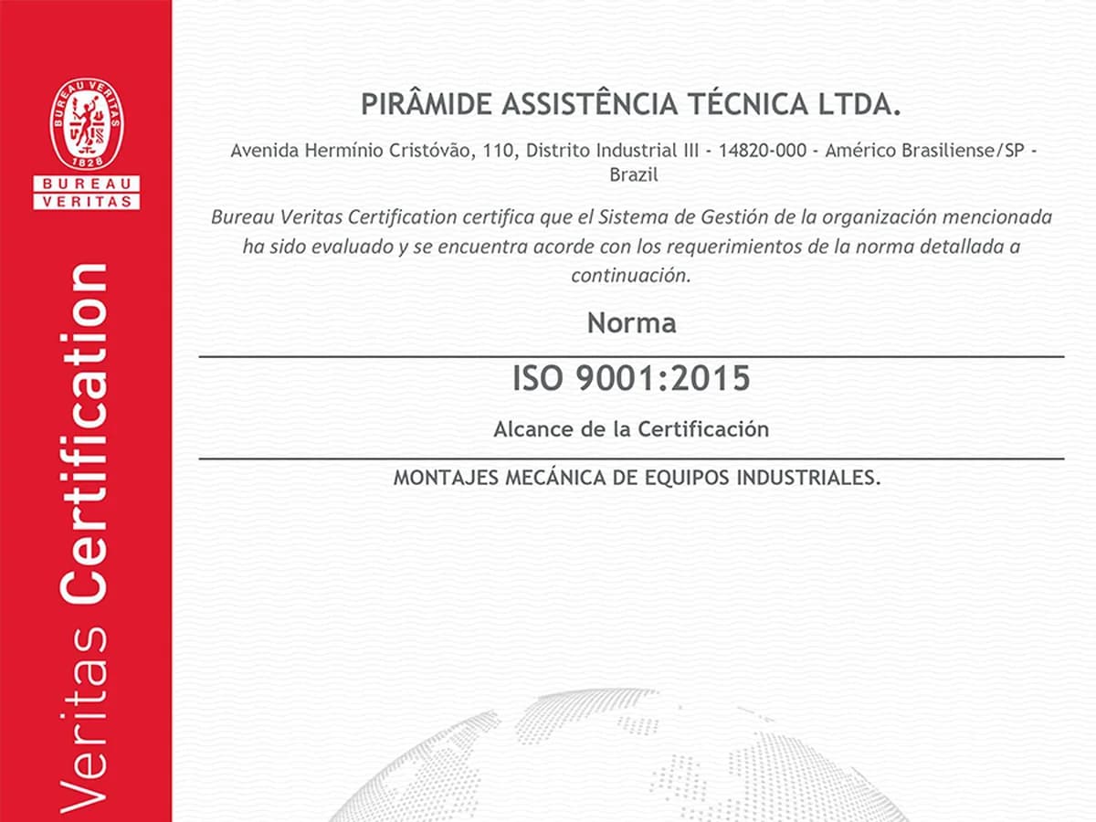 Certificado ISO 9001:2015 da Pirâmide emitido pela Bureau Veritas